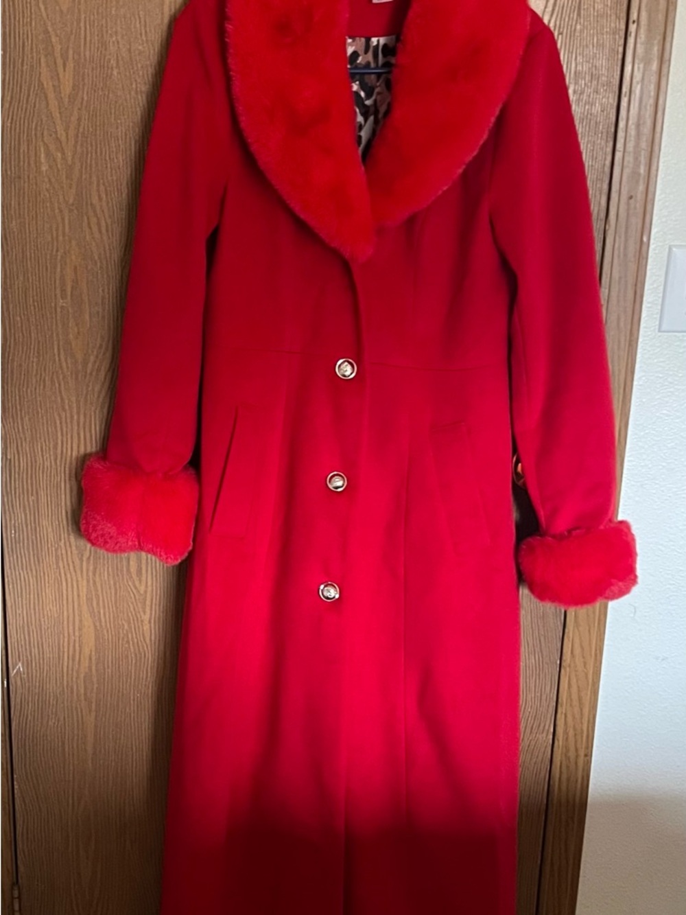 VENUS Vibrant Red Long Trench Coat with Faux Fur Trim